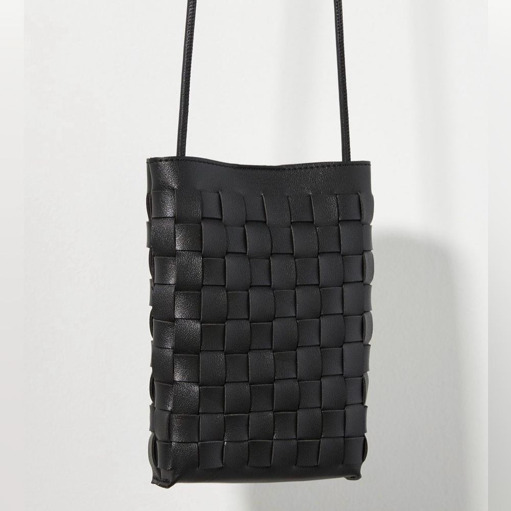 Anthropologie Mateo Woven Leather Crossbody Phone Bag Black